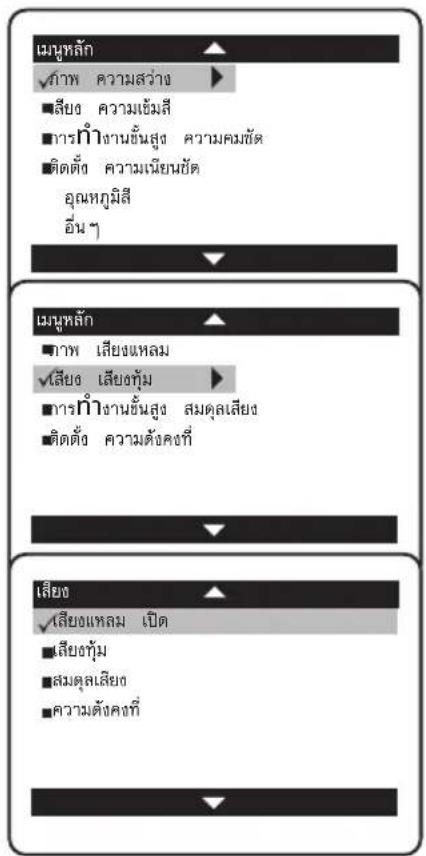 เฝนูหลัก ✓ภาพ ความสว่าง ■เสียอ ความเย็มสี ■การกําจานยันสูง ความคมชัด ■ติดตั้ง ความเนียนชัด อุณหภูมิสี อื่น ๆ เฝนูหลัก ■ภาพ เลียงแหลม ✓เสียอ เลียงทุ้ม ■การกําจานยันสูง สมดุลเสียง ■ติดตั้ง ความตั้งคบที่ เสียอ ✓เสียงแหลม เปิด ■เสียอทุ้ม ■สมดุลเสียง ■ความต้องคบที่