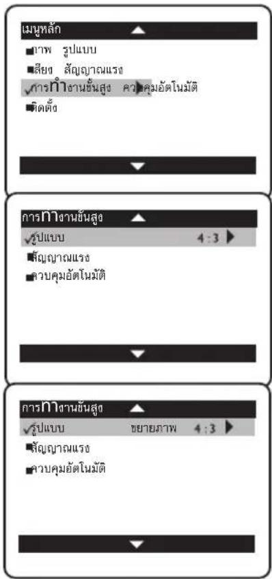 เมนูหลัก ■ภาพ รูปแบบ ■สียง สัญญาณแรง ✓การกําζαλησήσε Κว่าคุมอัตโนมัติ ■ติดตัด การกําζαλησήσε ✓รูปแบบ 4:3 ■สัญญาณแรง ■ควบคุมอัตโนมัติ การกําζαλησήσε ✓รูปแบบ ชย้ายภาพ 4:3 ■สัญญาณแรง ■ควบคุมอัตโนมัติ