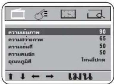 ความเยี่ยภาพ 90 ความสว่างภาพ 65 ความเยี่ยมี 50 ความคณข้อ 50 อุณหภูมิส์ โทนลีปกต ↑ ↓ ← → ไงนบ