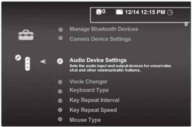 0 12/14 12:15 PM Manage Bluetooth Devices Camera Device Settings Audio Device Settings Sets the audio input and output devices for voice/video chat and other communicatin features. Vocle Changer Keyboard Type Key Repeat Interval Key Repeat Speed Mouse Type