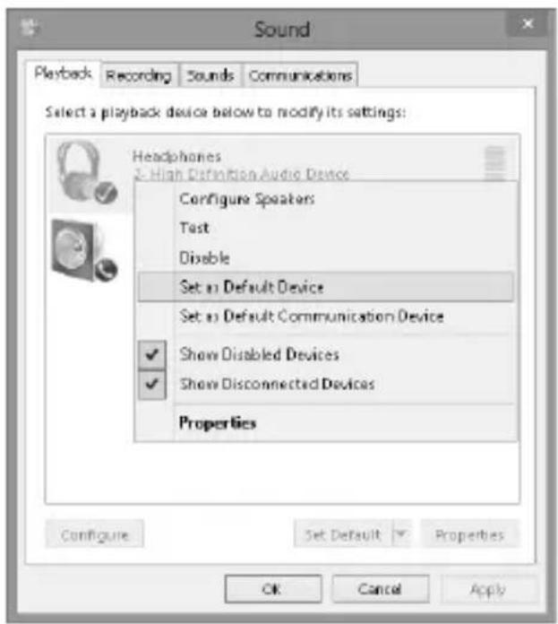 Sound Playback Recording Sounds Communications Select a playback device below to modify its settings: Headphones & High Definition Audio Device Configure Speakers Test Disable Set as Default Device Set as Default Communication Device Show Disabled Devices Show Disconnected Devices Properties Configu…