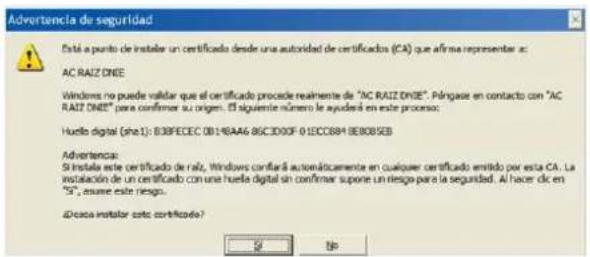 Advertencia de seguridad Está a punto de instalar un certificado desde una autoridad de certificados (CA) que afirma representar as: AC.RAIZ.DNEE Windows no puede validar que el certificado procede realmente de "AC.RAIZ.DNEE". Póngase en contacto con "AC RAIZ.DNEE" para confirmar su origen. El sigui…