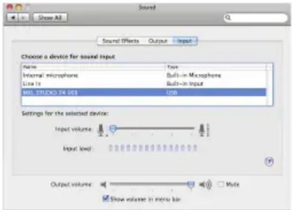 Sound Show All Sound Effects Output Input Choose a device for sound input Name Type Internal microphone Built-in Microphone Line is Built-in Input MIL_STUDIO 24 GB USB Settings for the selected device: Input volume: Input level: Output volume: Make Show volume in menu bar