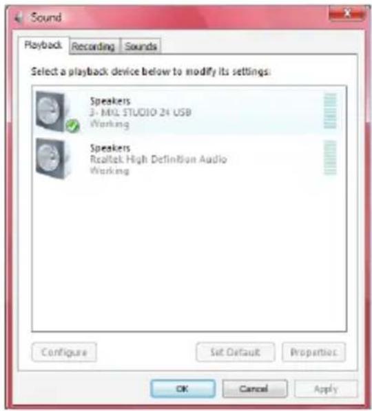 Sound Playback Recording Sounds Select a playback device below to modify its settings: Speakers 3- MIL STUDIO 24 USB Working Speakers Realtek High Definition Audio Working Configure Set Default Properties OK Cancel Apply
