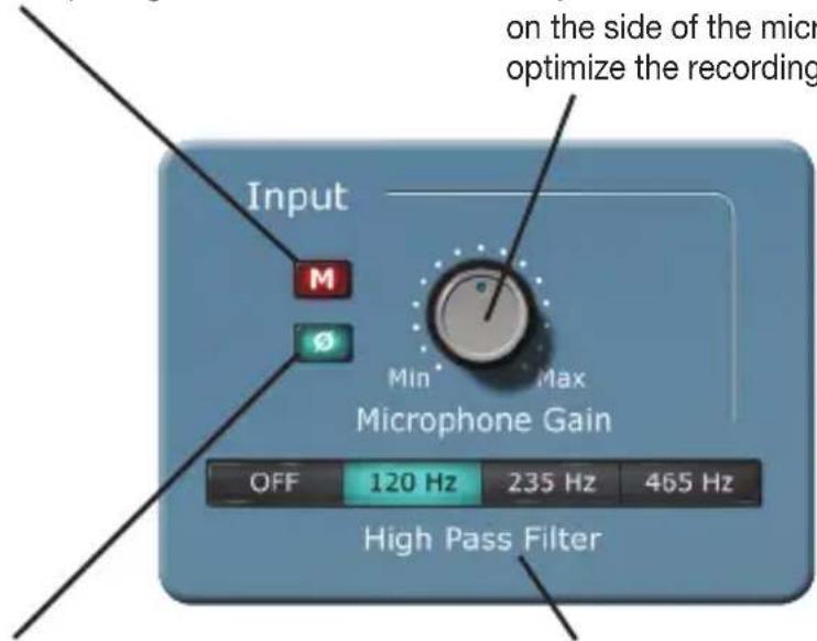 on the side of the mic optimize the recording Input M Ø Min Max Microphone Gain OFF 120 Hz 235 Hz 465 Hz High Pass Filter