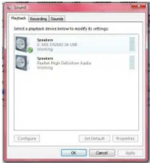 Sound Playback Recording Sounde Select a playback device below to modify Rs settings: Speakers S- MFI STUDIO 24 USB Working Speakers Realtek High Definition Audio Working Configure Set Default Properties OK Cancel Apply