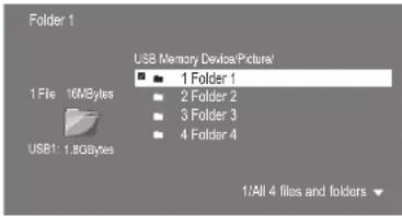 Folder 1 USB Memory Device/Pictures 1 File 16MBytes USB1: 1.8GBytes 1/All 4 files and folders