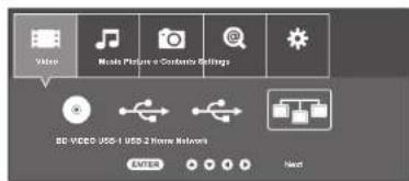 Video Music Picture & Contextor Settings SB VIDEO USB-1 USB 2 theme Network ENTER Next