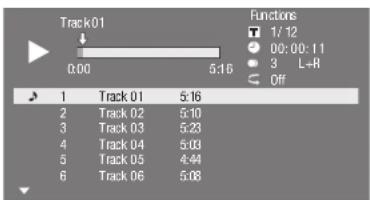 Track01 0:00 5:16 Functions 1/12 00:00:11 3 L+R Off 1 Track 01 5:16 2 Track 02 5:10 3 Track 03 5:23 4 Track 04 5:00 5 Track 05 4:44 6 Track 06 5:08