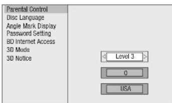 Parental Control Disc Language Angle Mark Display Password Setting BD Internet Access 3D Mode 3D Notice Level 3 0 USA
