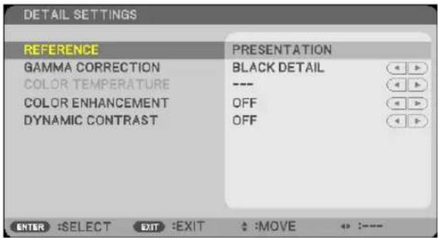 DETAIL SETTINGS REFERENCE GAMMA CORRECTION COLOR TEMPERATURE COLOR ENHANCEMENT DYNAMIC CONTRAST PRESENTATION BLACK DETAIL OFF OFF ENTER :SELECT EXIT :EXIT :MOVE :----