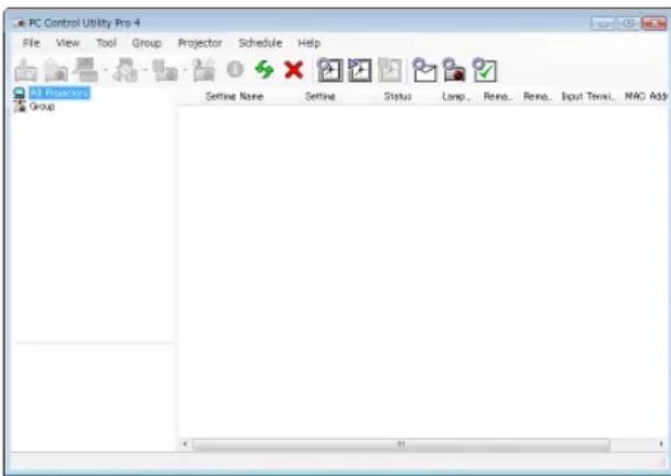 PC Control Utility Pro 4 File View Tool Group Projector Schedule Help B1 Projector Group Setting Name Setting Status Lamp Reno Reno Input Termi MAC Add 0 31 5