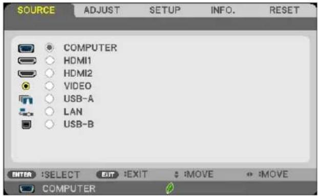 SOURCE ADJUST SETUP INFO. RESET COMPUTER HDMI1 HDMI2 VIDEO USB-A LAN USB-B ENTER :SELECT EXIT :EXIT :MOVE :MOVE COMPUTER