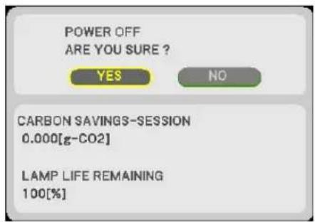 POWER OFF ARE YOU SURE ? YES NO CARBON SAVINGS-SESSION 0.000[g-CO2] LAMP LIFE REMAINING 100[%]
