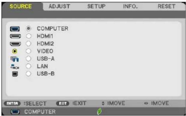 SOURCE ADJUST SETUP INFO. RESET COMPUTER HDMI1 HDMI2 VIDEO USB-A LAN USB-B ENTER :SELECT EXIT :EXIT :MOVE :MOVE COMPUTER