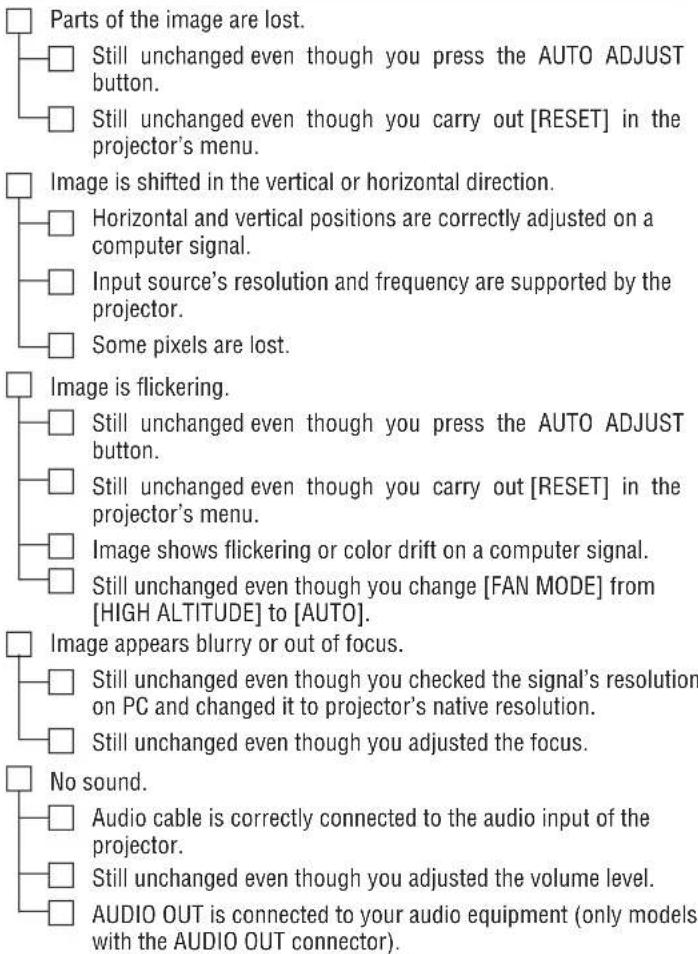 Parts of the image are lost. Still unchanged even though you press the AUTO ADJUST button. Still unchanged even though you carry out [RESET] in the projector's menu. Image is shifted in the vertical or horizontal direction. Horizontal and vertical positions are correctly adjusted on a computer signal. Input source's resolution and frequency are supported by the projector. Some pixels are lost. Image is flickering. Still unchanged even though you press the AUTO ADJUST button. Still unchanged even though you carry out [RESET] in the projector's menu. Image shows flickering or color drift on a computer signal. Still unchanged even though you change [FAN MODE] from [HIGH ALTITUDE] to [AUTO]. Image appears blurry or out of focus. Still unchanged even though you checked the signal's resolution on PC and changed it to projector's native resolution. Still unchanged even though you adjusted the focus. No sound. Audio cable is correctly connected to the audio input of the projector. Still unchanged even though you adjusted the volume level. AUDIO OUT is connected to your audio equipment (only models with the AUDIO OUT connector).