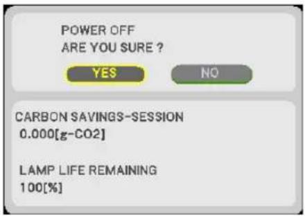 POWER OFF ARE YOU SURE ? YES NO CARBON SAVINGS-SESSION 0.000[g-CO2] LAMP LIFE REMAINING 100[%]