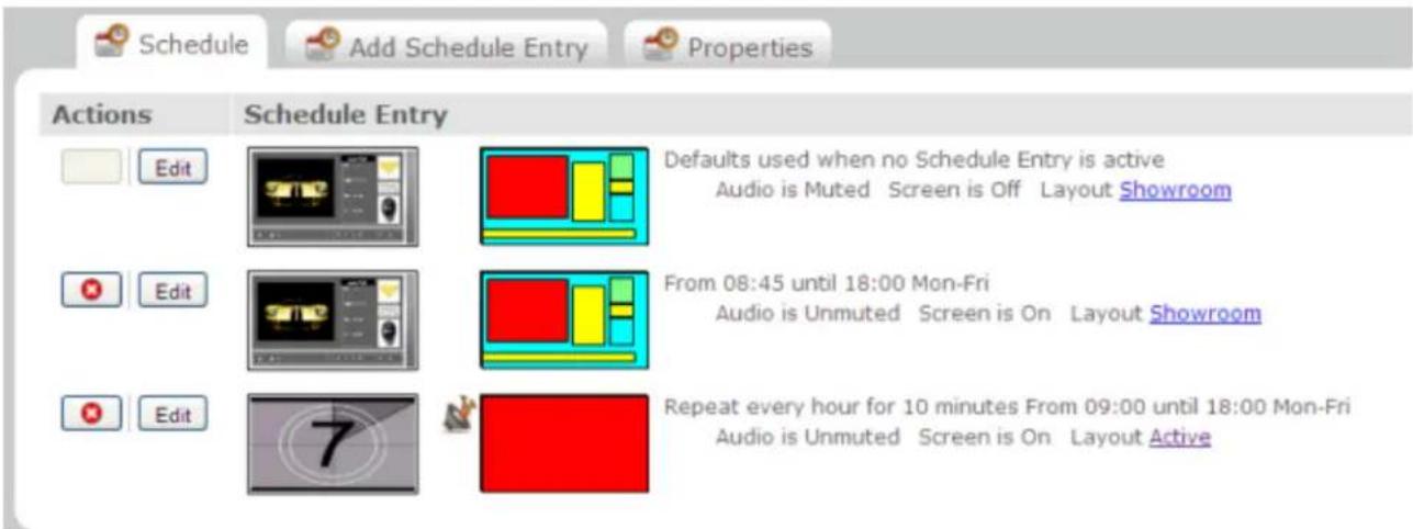 Schedule Add Schedule Entry Properties Actions Schedule Entry Edit Defaults used when no Schedule Entry is active Audio is Muted Screen is Off Layout Showroom Edit From 08:45 until 18:00 Mon-Fri Audio is Unmuted Screen is On Layout Showroom Edit Repeat every hour for 10 minutes From 09:00 until 18:00 Mon-Fri Audio is Unmuted Screen is On Layout Active