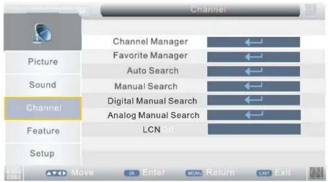 Channel Picture Sound Channel Feature Setup Channel Manager Favorite Manager Auto Search Manual Search Digital Manual Search Analog Manual Search LCN Off Move Enter MENU Return EXIT Exit