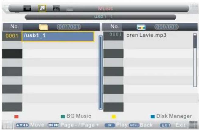 Music usb1_1 No. 001/001 0001 /usb1_1 No. 000/001 0001 oren Lavie.mp3 BG Music Disk Manager Move Page - / Page + OK Play MENU Back EXIT Exit