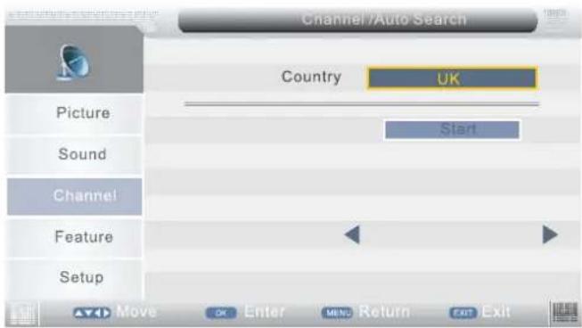 Channel /Auto Search Country UK Picture Sound Channel Feature Setup Start Move OK Enter MENU Return EXIT Exit