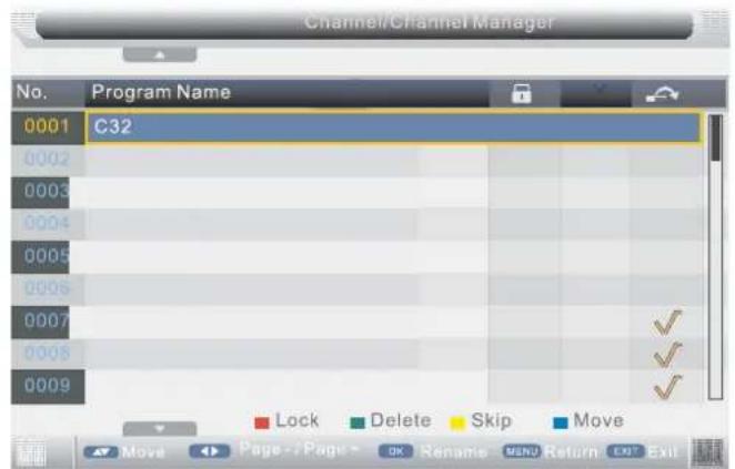 Channel/Channel Manager No. Program Name 0001 C32 0002 0003 0004 0005 0006 0007 0008 0009 Lock Delete Skip Move Move Page 7Page OK Rename MENU Return EXIT Exit