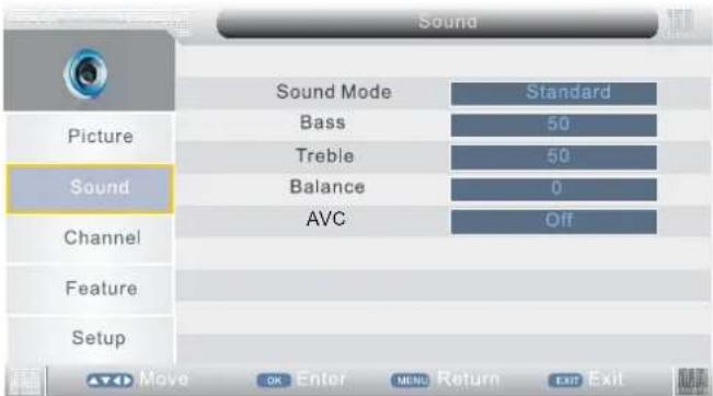 Sound Sound Mode Standard Picture Bass 50 Sound Treble 50 Balance 0 AVC Off Channel Feature Setup Move OK Enter MENU Return EXIT Exit