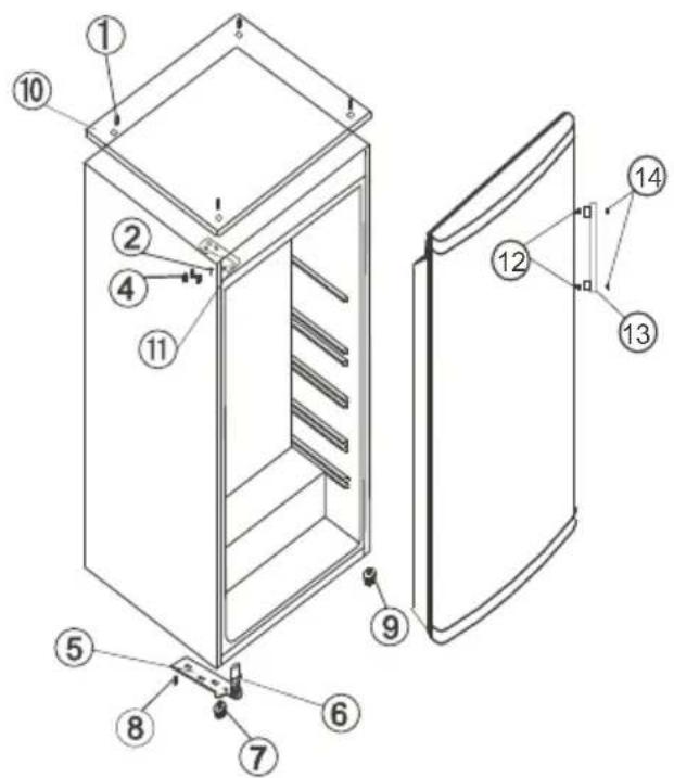 Technical diagram of a refrigerator with numbered components for identification and assembly reference.