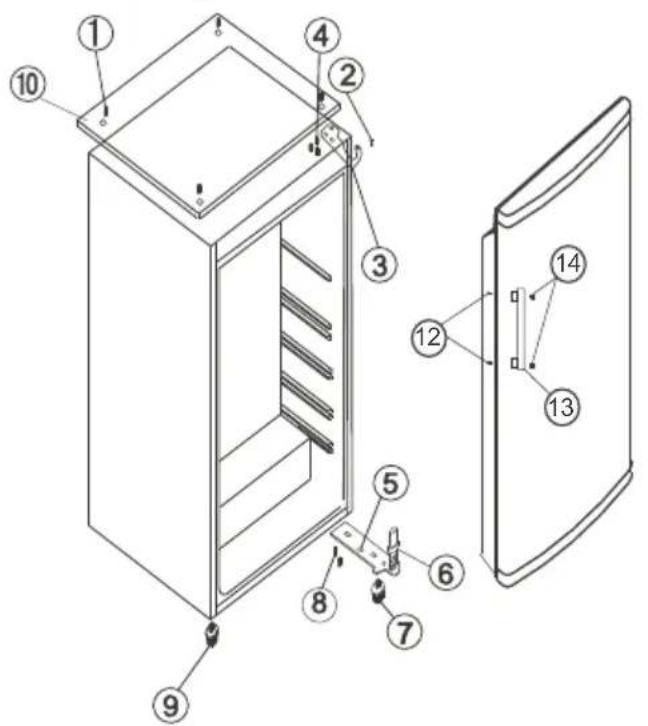 Technical diagram of a refrigerator with numbered components for identification