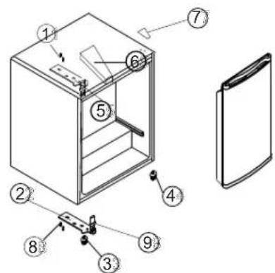 Technical diagram of a refrigerator with numbered parts for identification and assembly reference.
