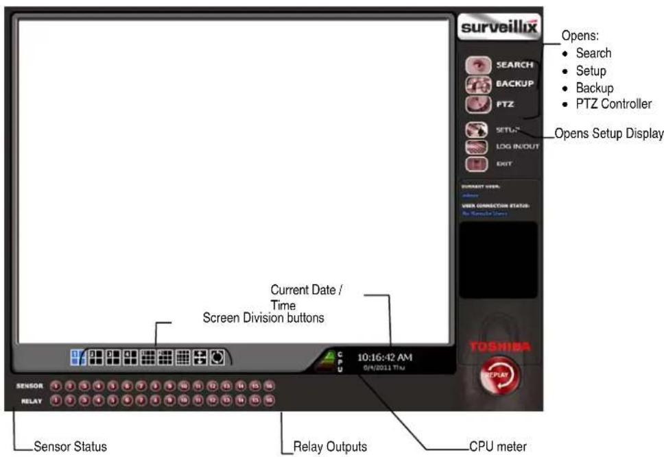 surveillix SEARCH BACKUP PTZ SETU* LOG IN/OUT EXIT Current Date / Time Screen Division buttons 10:16:42 AM 04/2011 Thu TOSHIBA SERIOR RELAY Sensor Status Relay Outputs CPU meter Opens: • Search • Setup • Backup • PTZ Controller Opens Setup Display