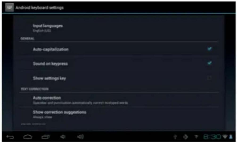 Android keyboard settings Input languages English (US) GENERAL Auto-capitalization Sound on keypress Show settings key TEXT CONNECTION Auto correction Selective and punctuation automatically correct morphed words Show correction suggestions Always show 8:30