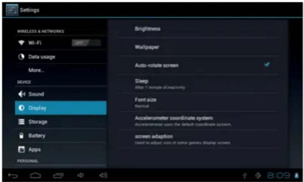 Settings WIRELESS & NETWORKS Wi-Fi Diff Data usage More... DEVICE Sound Display Storage Battery Apps PERSONAL Brightness Wallpaper Auto-rotate screen Sleep After 1 minute of inactivity Font size Normal Accelerometer coordinate system Accelerometer uses the default coordinate system. screen adaption Used to adjust size of some games display screen.