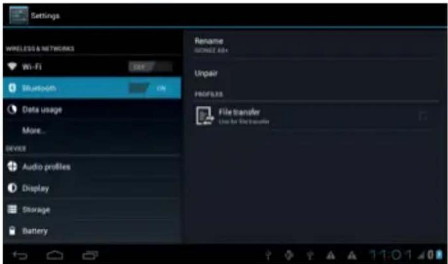 Settings WIRELESS & NETWORKS Wi-Fi Bluetooth Data usage More... DEVICE Audio profiles Display Storage Battery Rename GONEE AB+ Unpair PROFILES File transfer Use for file transfer