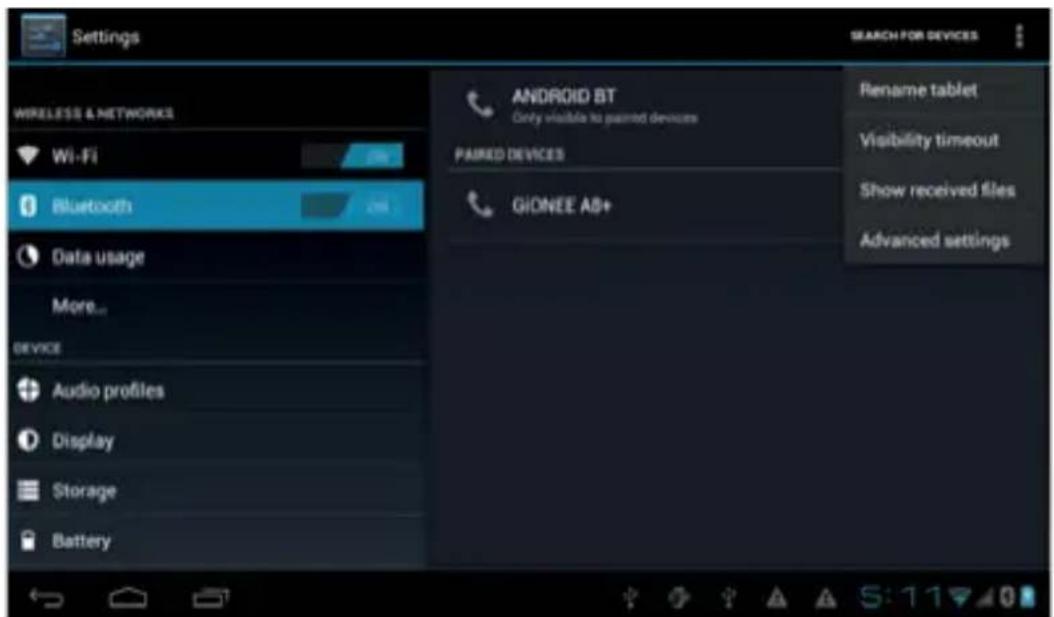 Settings WIRELESS & NETWORKS Wi-Fi Bluetooth Data usage More... DEVICE Audio profiles Display Storage Battery ANDROID BT Only visible to paired devices PAIRED DEVICES GIONEE A8+ Rename tablet Visibility timeout Show received files Advanced settings
