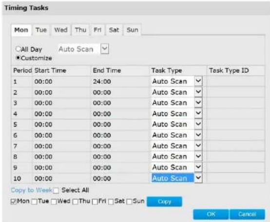 Timing Tasks Mon Tue Wed Thu Fri Sat Sun ○All Day Auto Scan ▼ ●Customize Period Start Time End Time Task Type Task Type ID 1 00:00 24:00 Auto Scan √ 2 00:00 00:00 Auto Scan √ 3 00:00 00:00 Auto Scan √ 4 00:00 00:00 Auto Scan √ 5 00:00 00:00 Auto Scan √ 6 00:00 00:00 Auto Scan √ 7 00:00 00:00 Auto Scan √ 8 00:00 00:00 Auto Scan √ 9 00:00 00:00 Auto Scan √ 10 00:00 00:00 Auto Scan √ Copy to Week □ Select All □ Mon □ Tue □ Wed □ Thu □ Fri □ Set □ Sun Copy OK Cancel