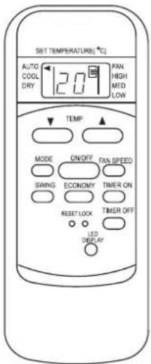 SET TEMPERATURES [°C] AUTO COOL DRY 120 FAN HIGH MED LOW TEMP MODE ON/OFF FAN SPEED SWING ECONOMY TIMER ON RESET LOCK TIMER OFF LED DEEPL