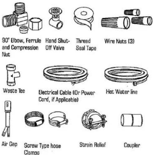 90° Elbow, Ferrule and Compression Nut Hand Shut- Off Valve Thread Seal Tape Wire Nuts (3) Waste Tee Electrical Cable (Or Power Cord, if Applicable) Hot Water line Air Gap Screw Type hose Clamps Strain Relief Coupler