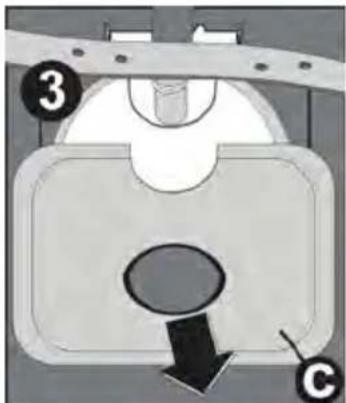 Diagram of a mechanical component with labeled parts and directional arrow, showing components 3 and C.
