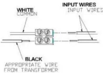 WHITE COMMON INPUT WIRES INPUT WIRES BLACK APPROPRIATE WIRE FROM TRANSFORMER