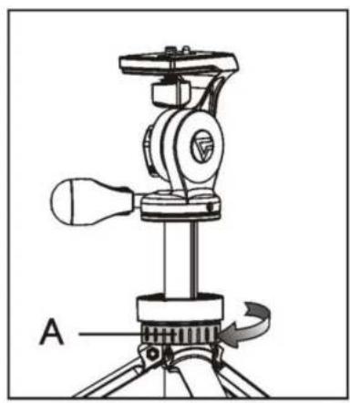 Technical line drawing of a tripod-mounted camera setup with labeled component A (no text or symbols beyond label)