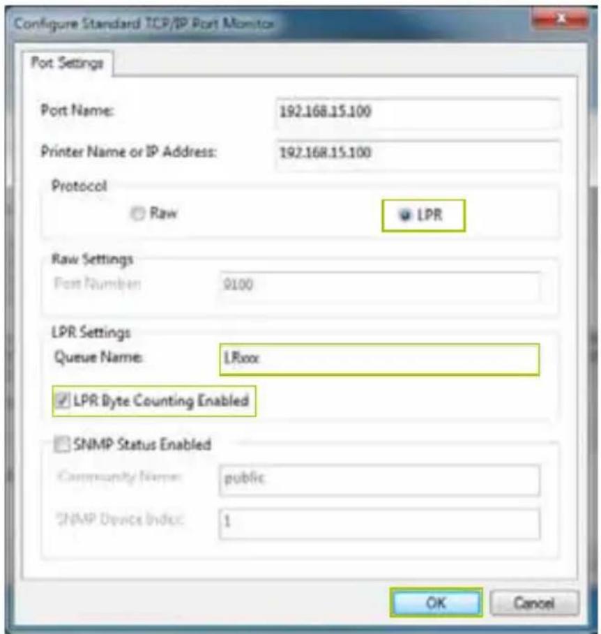 Configure Standard TCP/IP Port Monitor Port Settings Port Name: 192.168.15.100 Printer Name or IP Address: 192.168.15.100 Protocol Raw LPR Raw Settings Port Number: 9100 LPR Settings Queue Name: LRxx LPR Byte Counting Enabled SNMP Status Enabled Community Name: public SNMP Device Index: 1 OK Cancel