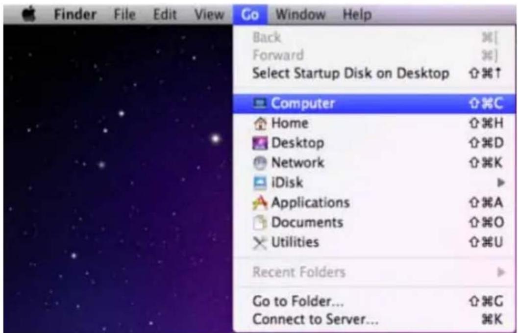 Finder File Edit View Go Window Help Back Forward Select Startup Disk on Desktop Computer Home Desktop Network iDisk Applications Documents Utilities Recent Folders Go to Folder... Connect to Server... ⌘G ⌘K