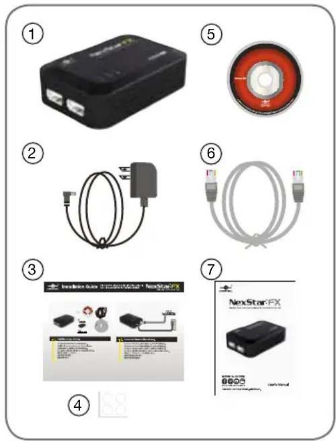 Product catalog page showing seven labeled images of electronic devices and accessories, including a CD, cable, and product packaging.
