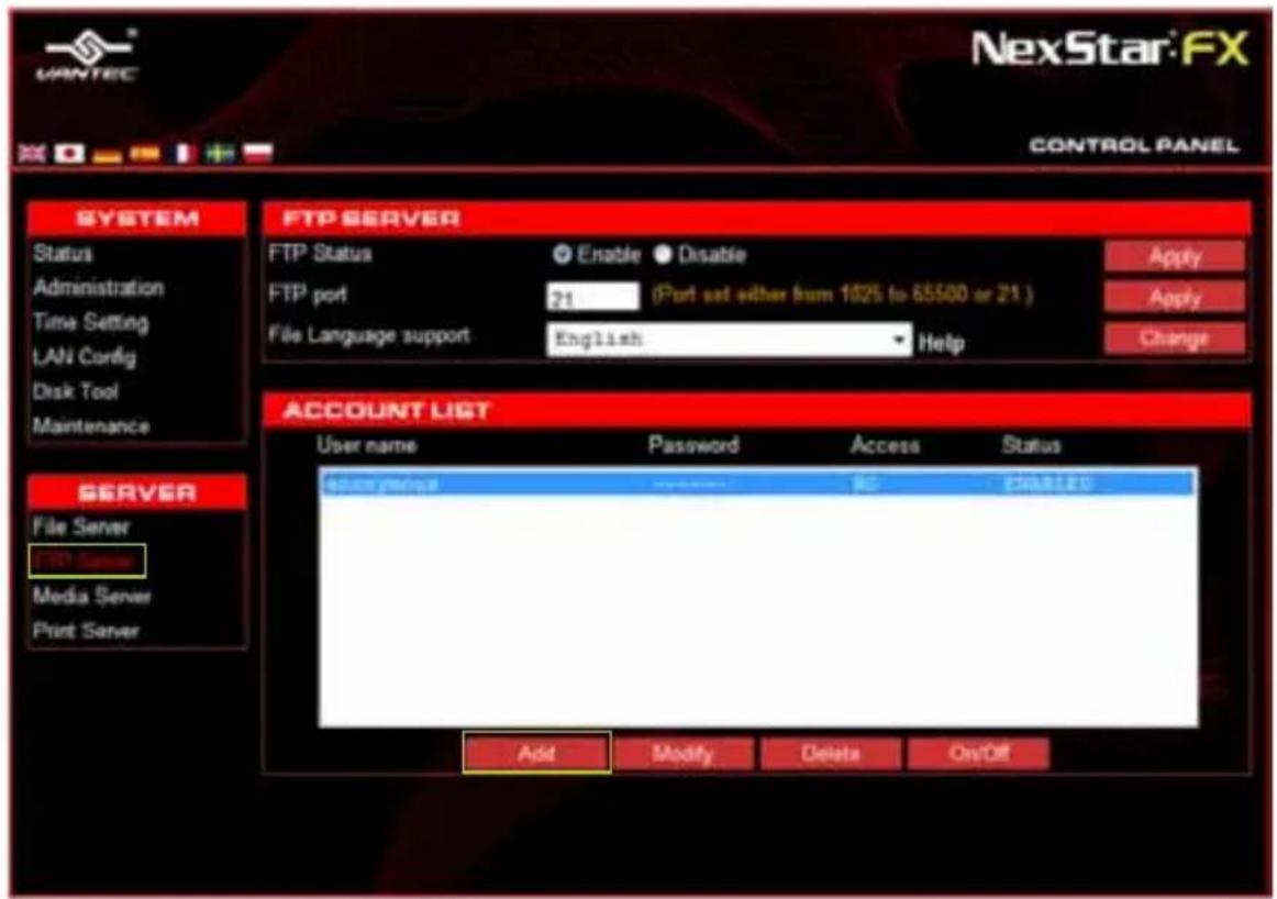 NexStar-FX CONTROL PANEL SYSTEM Status Administration Time Setting LAN Config Disk Tool Maintenance FTP SERVER FTP Status Enable Disable FTP port 21 (Port set either from 1025 to 65500 or 21 ) File Language support English Help Apply Apply Change ACCOUNT LIST User name Password Access Status Edit session Add Modify Delete On/Off FTP Server Media Server Print Server