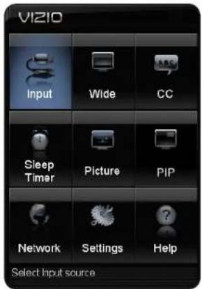 VIZIO Input Wide CC Sleep Timer Picture PIP Network Settings Help Select Input source