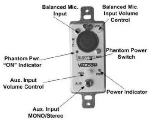 Balanced Mic. Input Balanced Mic. Input Volume Control MIC VOL ELECTRET-MIC Phantom Power Switch VALCOM VOL PWR Aux. Input Volume Control Aux. Input MONO/Stereo Power Indicator