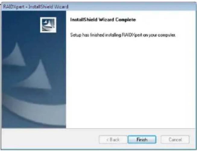 RAIDXpert - InstallShield Wizard InstallShield Wizard Complete Setup has finished installing RAIDXpert on your computer. < Back Finish Cancel