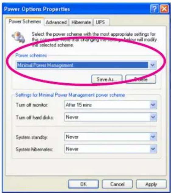 Power Options Properties Power Schemes Advanced Hibernate UPS Select the power scheme with the most appropriate settings for this connection. Note that changing the settings below will modify the selected scheme. Power schemes Minimal Power Management Save As... Delete Settings for Minimal Power Management power scheme Turn off monitor: After 15 mins Turn off hard disks: Never System standby: Never System hibernates: Never OK Cancel Apply