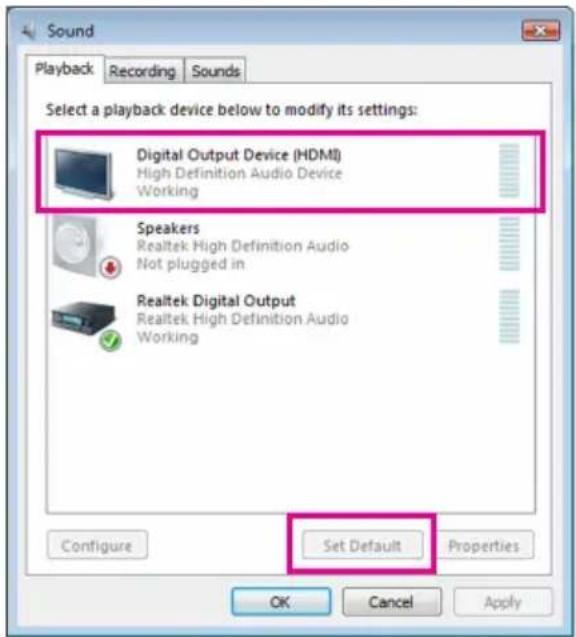 Sound Playback Recording Sounds Select a playback device below to modify its settings: Digital Output Device (HDMI) High Definition Audio Device Working Speakers Realtek High Definition Audio Not plugged in Realtek Digital Output Realtek High Definition Audio Working Set Default Properties Configure OK Cancel Apply